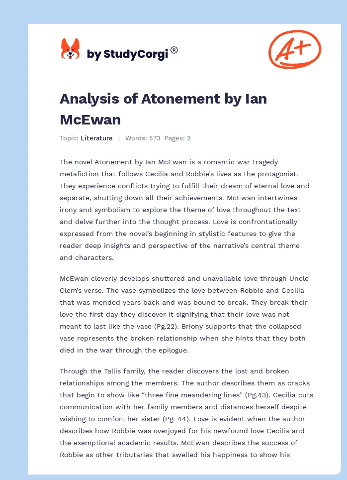 Analysis of Atonement by Ian McEwan. Page 1