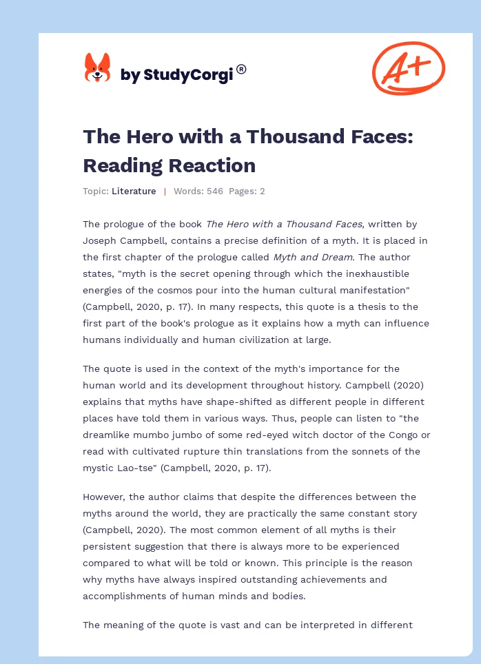 The Hero with a Thousand Faces: Reading Reaction. Page 1