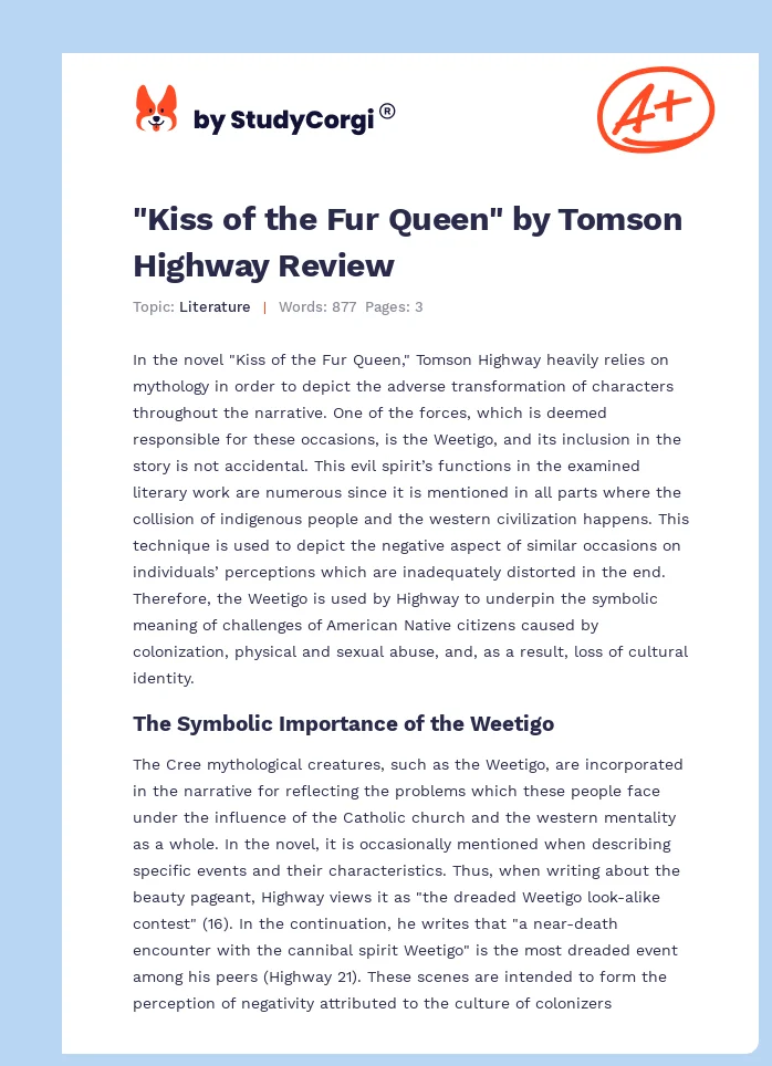 "Kiss of the Fur Queen" by Tomson Highway Review. Page 1