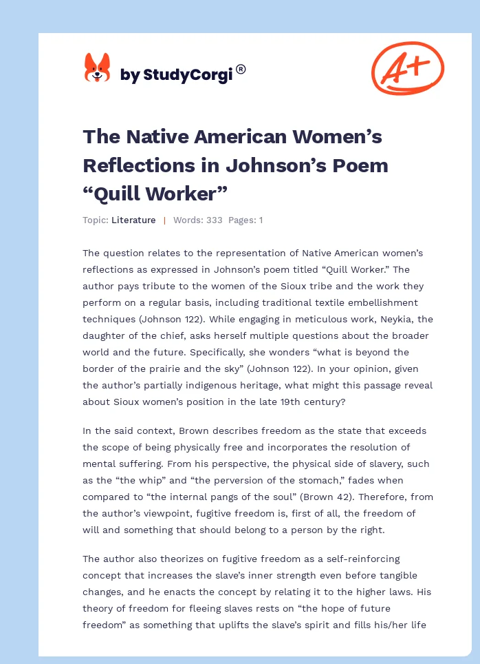 The Native American Women’s Reflections in Johnson’s Poem “Quill Worker”. Page 1