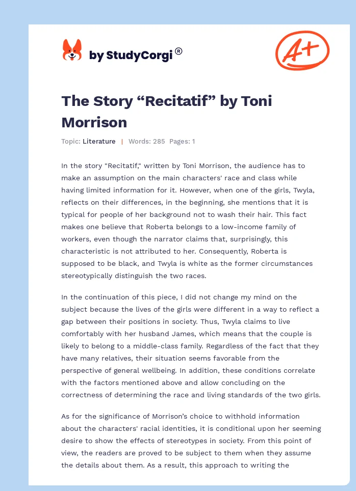 The Story “Recitatif” by Toni Morrison. Page 1