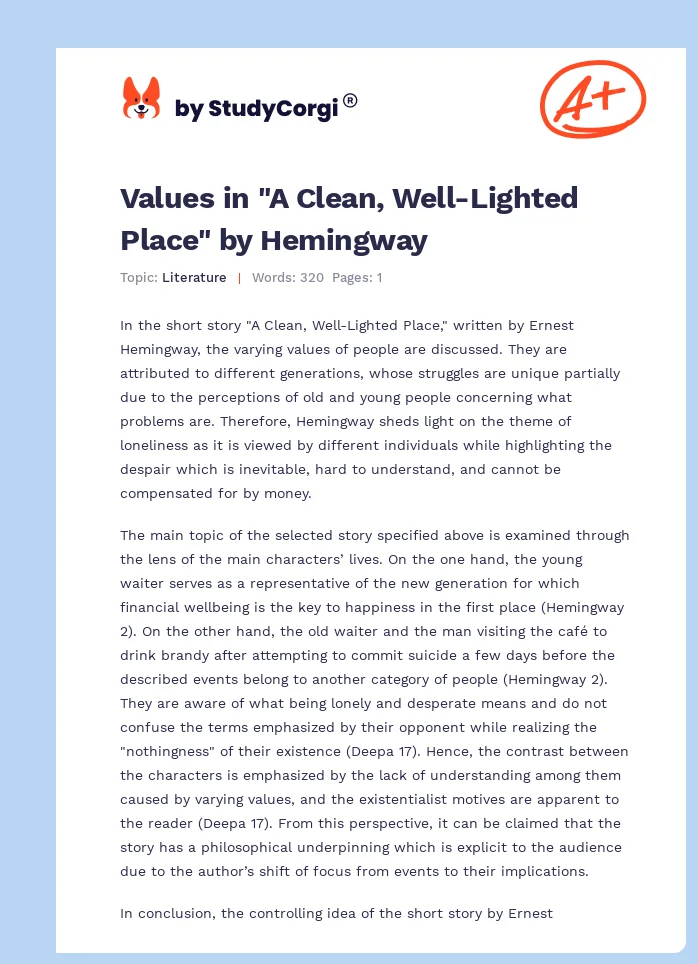 Values in "A Clean, Well-Lighted Place" by Hemingway. Page 1