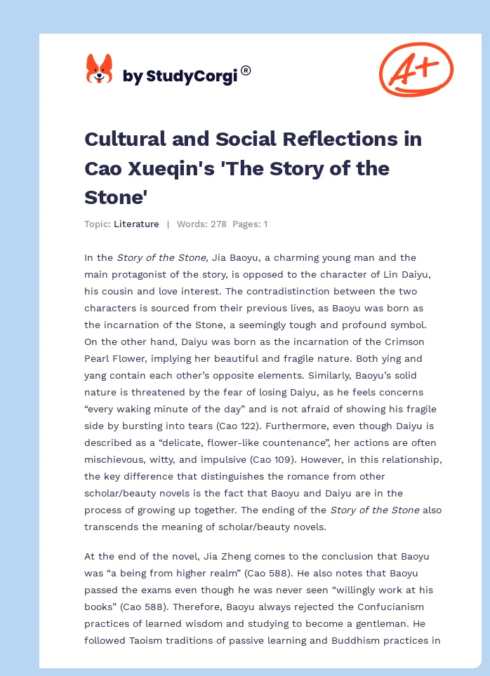 Cultural and Social Reflections in Cao Xueqin's 'The Story of the Stone'. Page 1