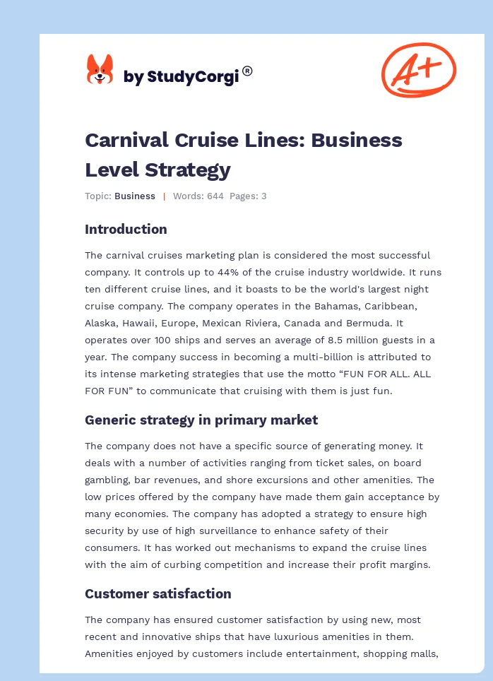 Carnival Cruise Lines: Business Level Strategy. Page 1