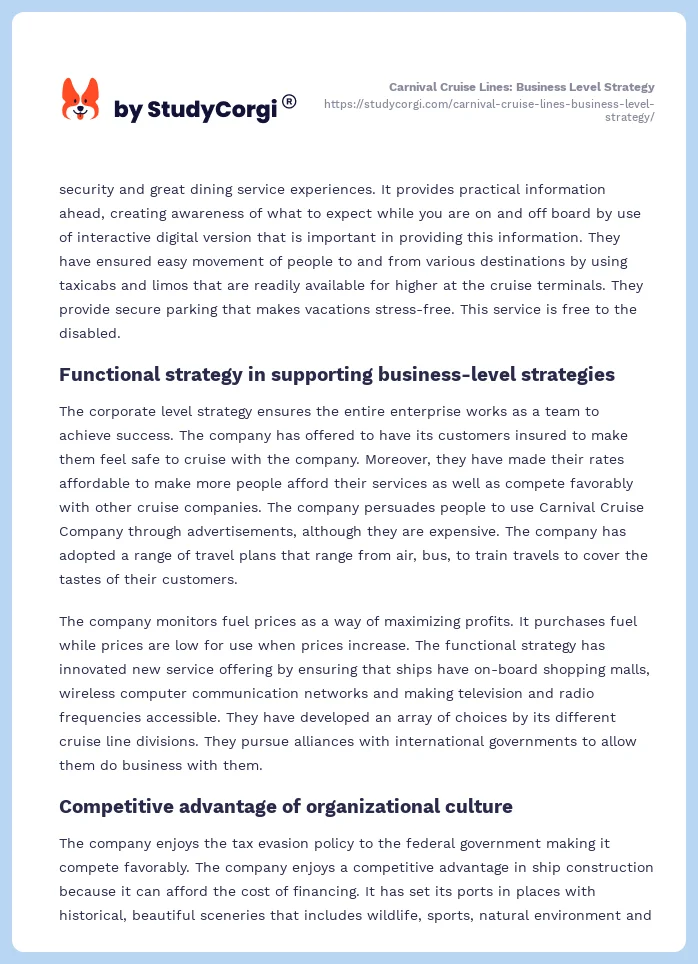 Carnival Cruise Lines: Business Level Strategy. Page 2