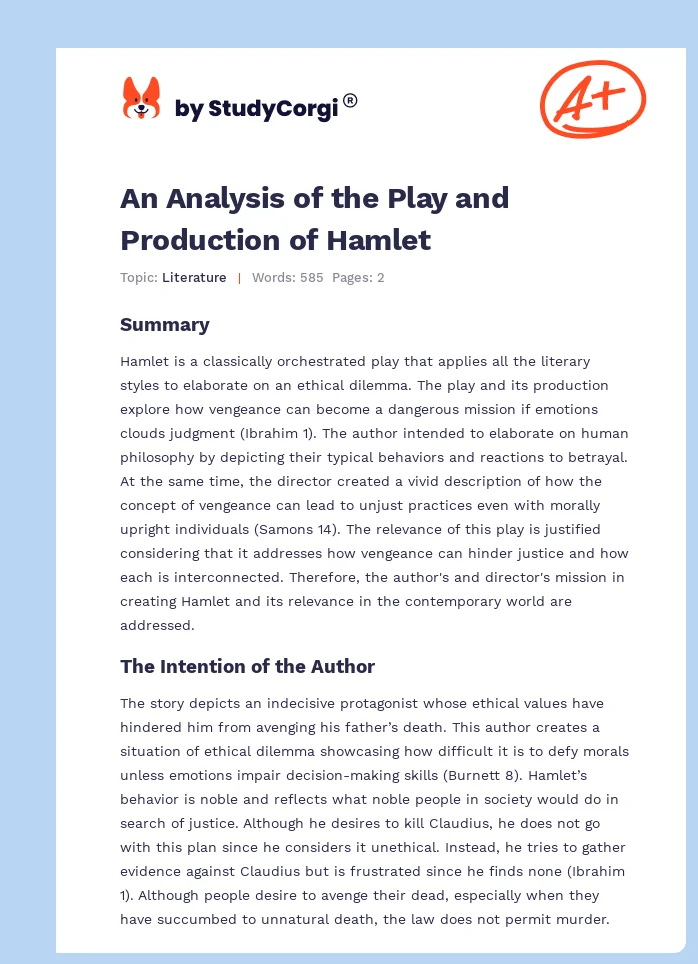 An Analysis of the Play and Production of Hamlet. Page 1