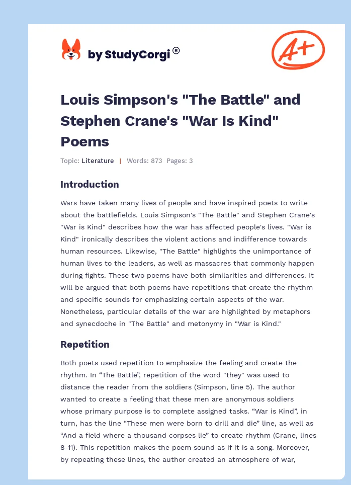 Louis Simpson's "The Battle" and Stephen Crane's "War Is Kind" Poems. Page 1