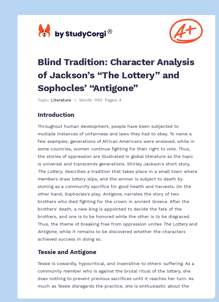 Blind Tradition: Character Analysis of Jackson’s “The Lottery” and Sophocles’ “Antigone”. Page 1