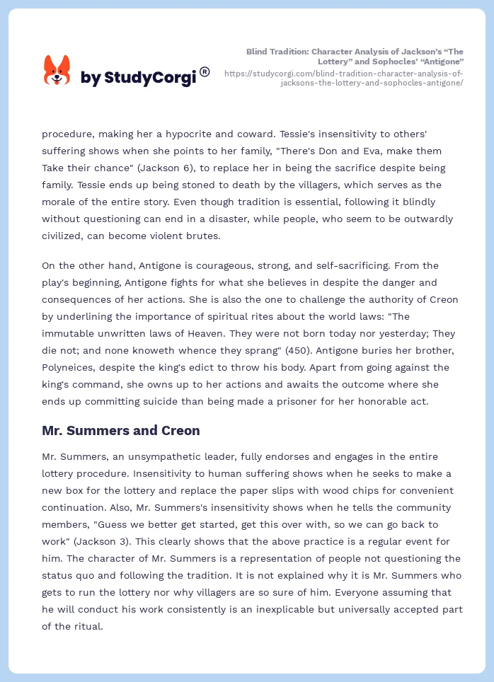 Blind Tradition: Character Analysis of Jackson’s “The Lottery” and Sophocles’ “Antigone”. Page 2