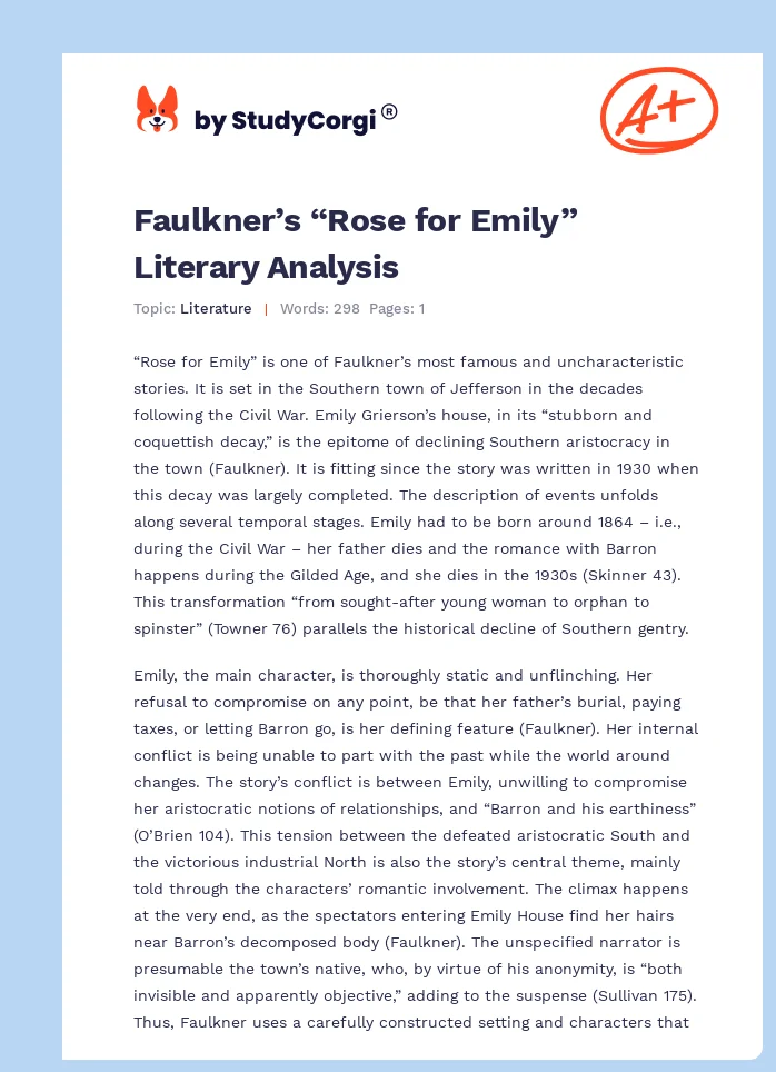 Faulkner’s “Rose for Emily” Literary Analysis. Page 1