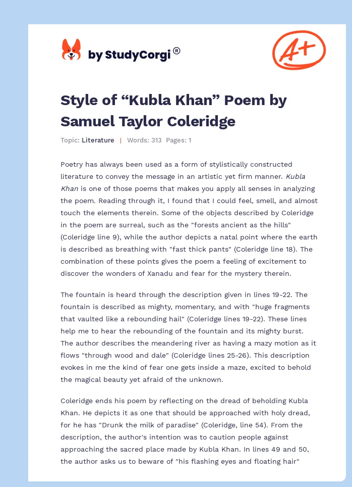 Style of “Kubla Khan” Poem by Samuel Taylor Coleridge. Page 1