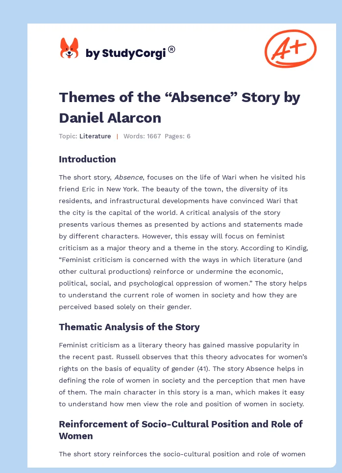 Themes of the “Absence” Story by Daniel Alarcon. Page 1