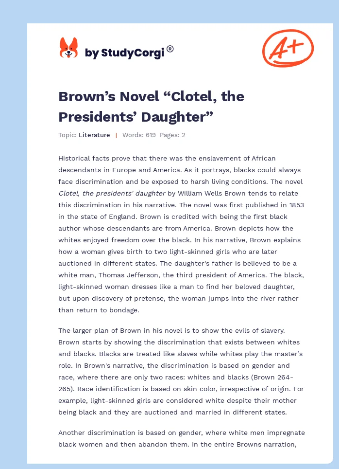 Brown’s Novel “Clotel, the Presidents’ Daughter”. Page 1