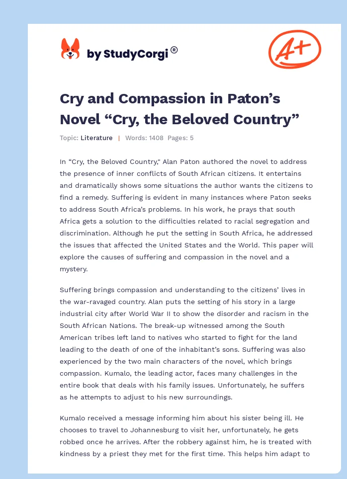 Cry and Compassion in Paton’s Novel “Cry, the Beloved Country”. Page 1