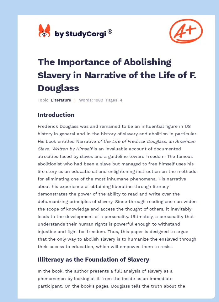 The Importance of Abolishing Slavery in Narrative of the Life of F. Douglass. Page 1