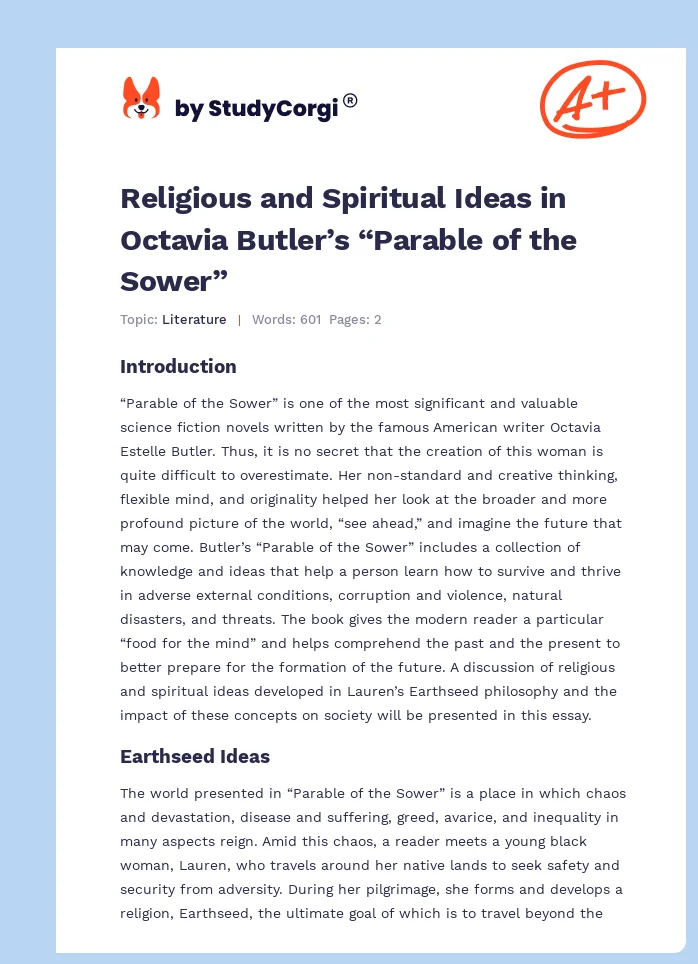 Religious and Spiritual Ideas in Octavia Butler’s “Parable of the Sower”. Page 1