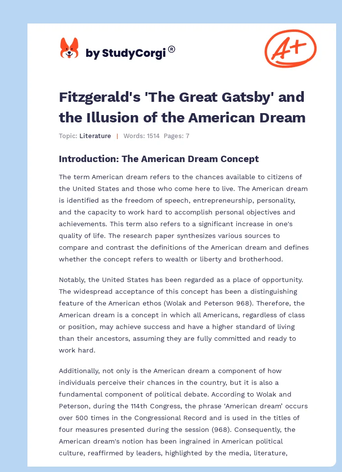 Fitzgerald's 'The Great Gatsby' and the Illusion of the American Dream. Page 1