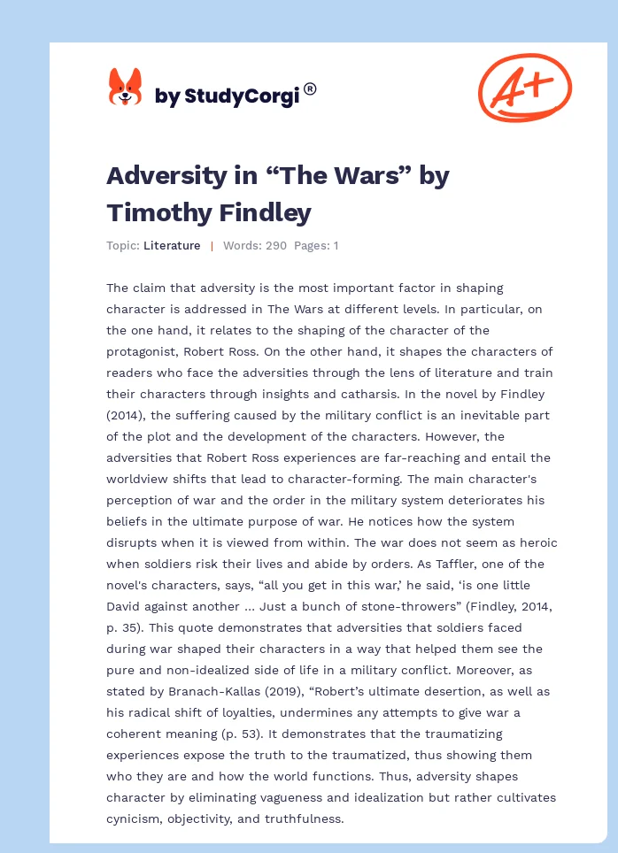 Adversity in “The Wars” by Timothy Findley. Page 1