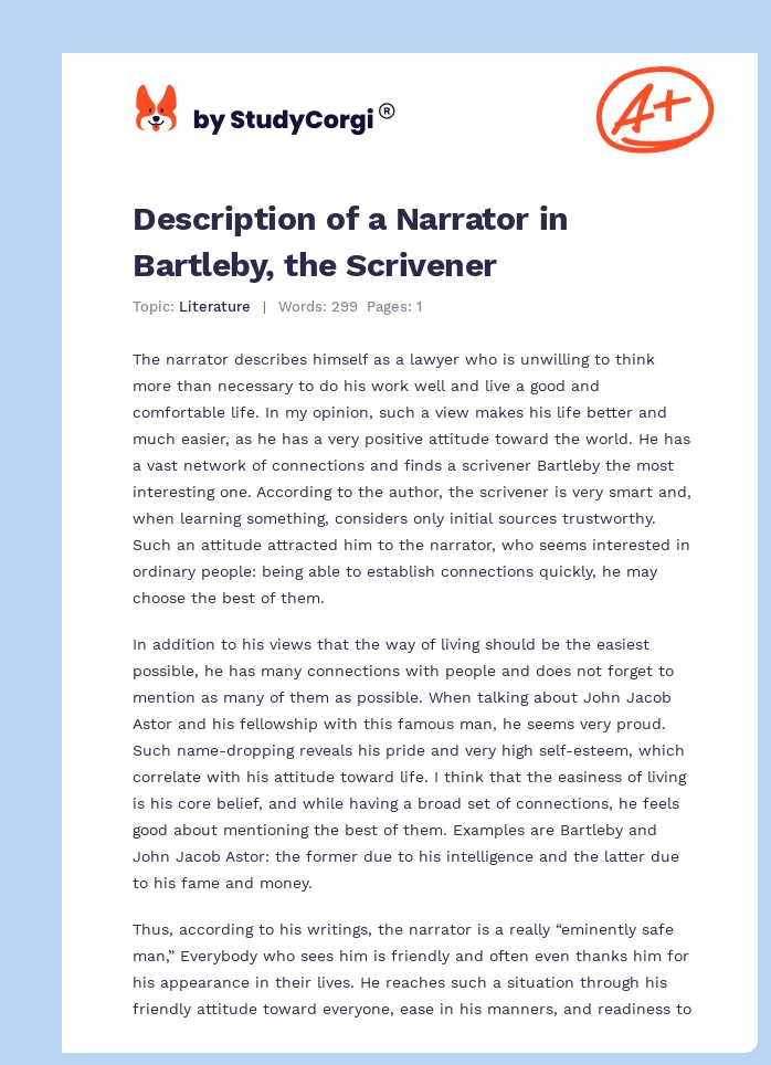 Description of a Narrator in Bartleby, the Scrivener. Page 1