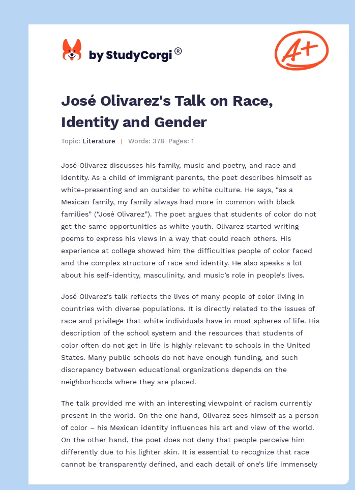 José Olivarez's Talk on Race, Identity and Gender. Page 1