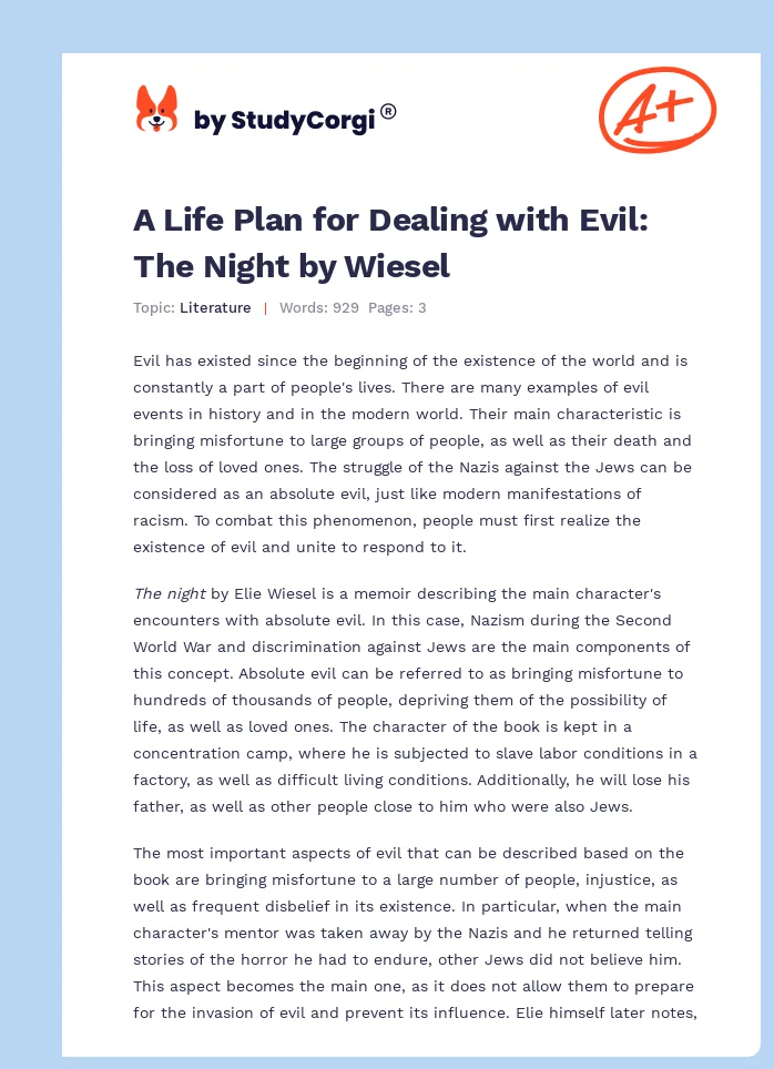 A Life Plan for Dealing with Evil: The Night by Wiesel. Page 1