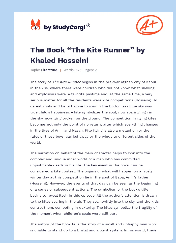 The Book “The Kite Runner” by Khaled Hosseini. Page 1