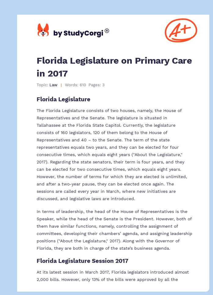 Florida Legislature on Primary Care in 2017. Page 1