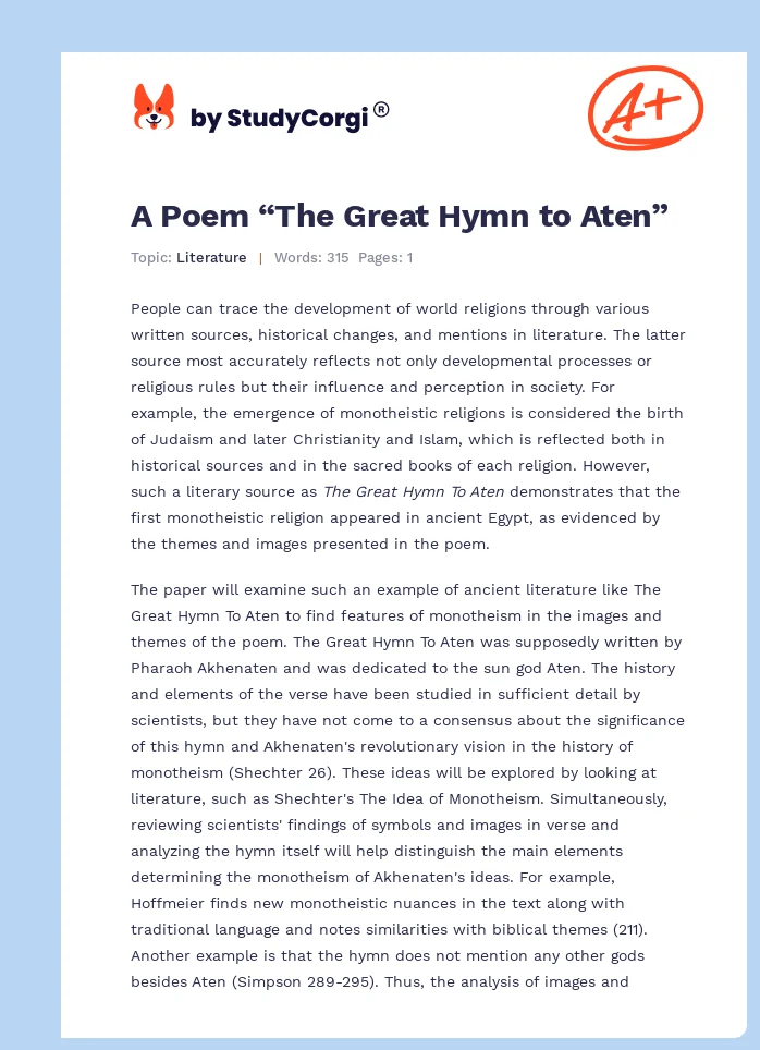 A Poem “The Great Hymn to Aten”. Page 1