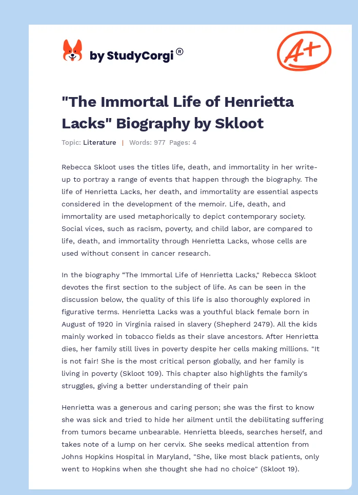 "The Immortal Life of Henrietta Lacks" Biography by Skloot. Page 1