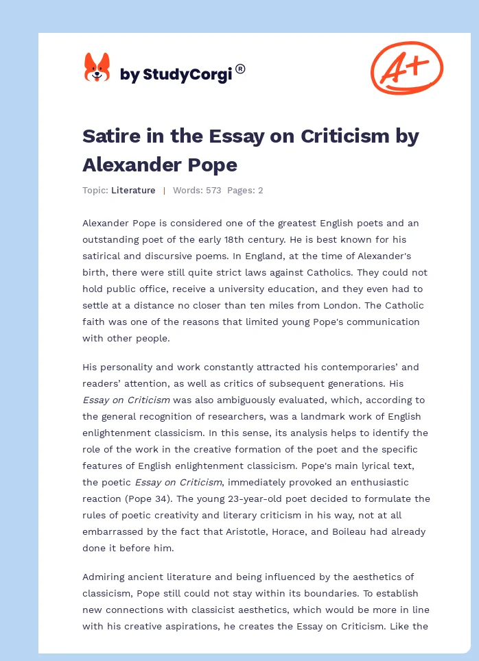 Satire in the Essay on Criticism by Alexander Pope. Page 1