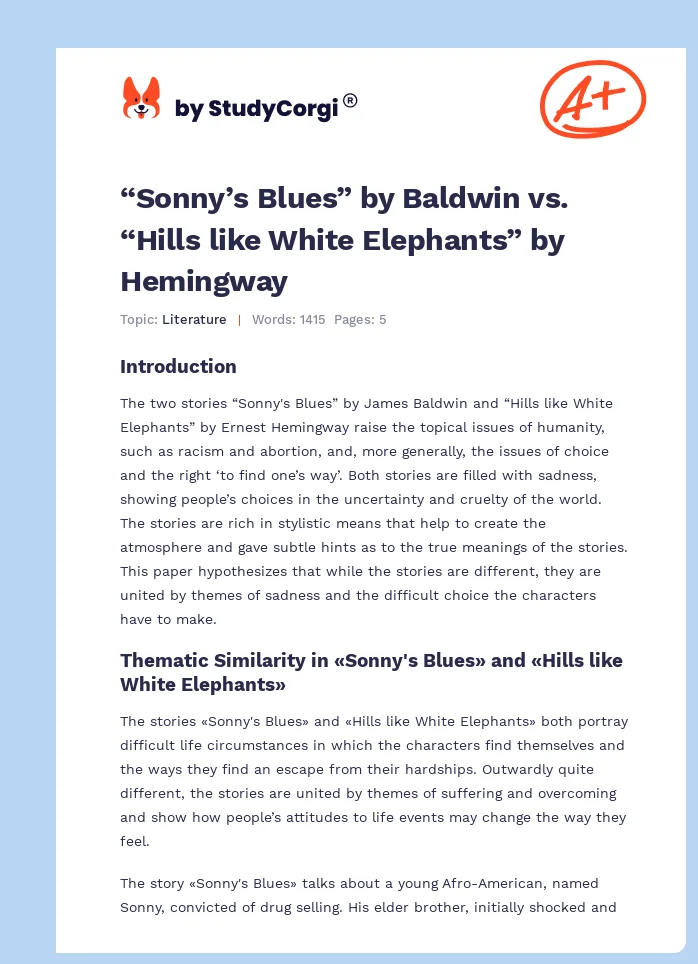 “Sonny’s Blues” by Baldwin vs. “Hills like White Elephants” by Hemingway. Page 1