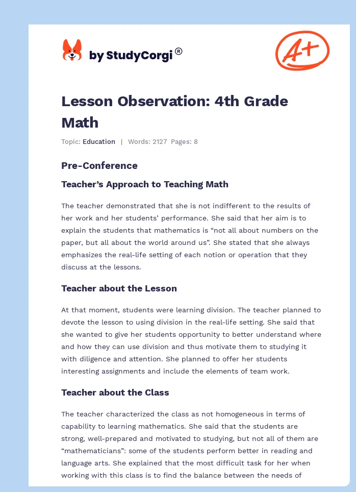 Lesson Observation: 4th Grade Math. Page 1