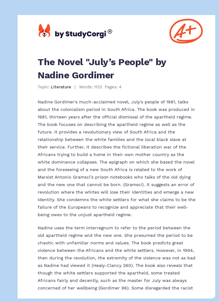 The Novel "July’s People" by Nadine Gordimer. Page 1