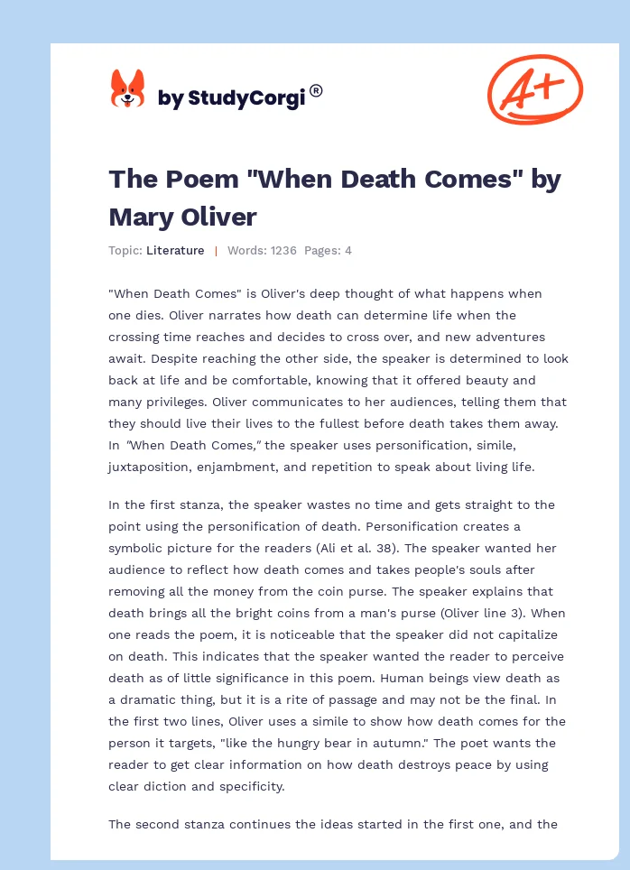 The Poem "When Death Comes" by Mary Oliver. Page 1