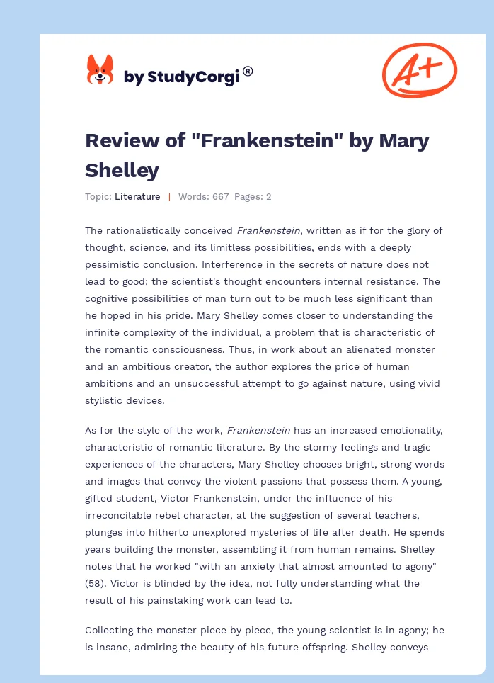 Review of "Frankenstein" by Mary Shelley. Page 1