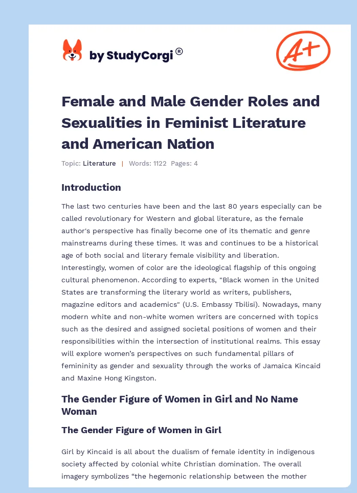 Female and Male Gender Roles and Sexualities in Feminist Literature and American Nation. Page 1