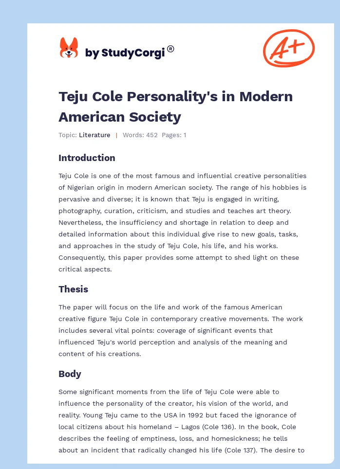 Teju Cole Personality's in Modern American Society. Page 1