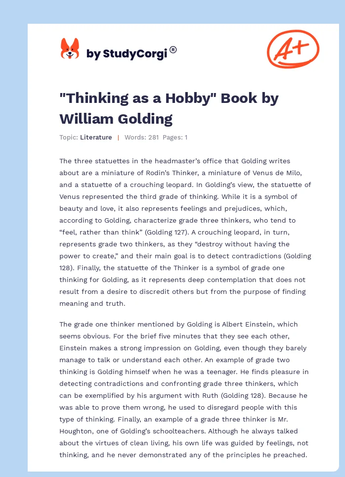 "Thinking as a Hobby" Book by William Golding. Page 1