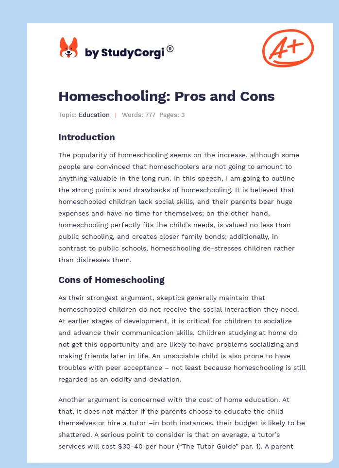 Homeschooling: Pros and Cons. Page 1