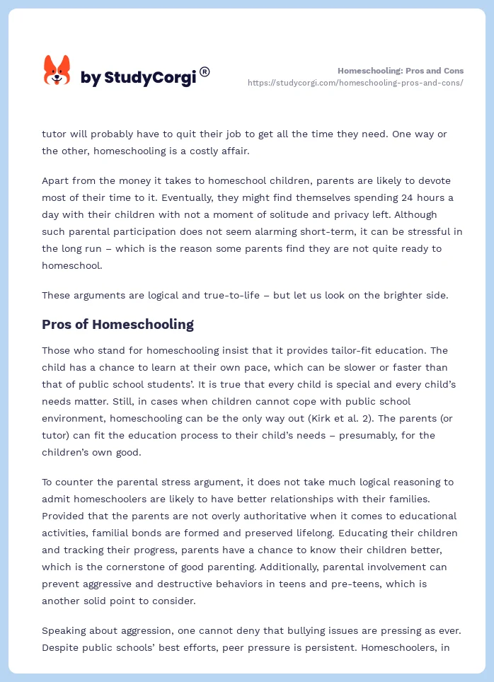 homeschooling pros and cons essay