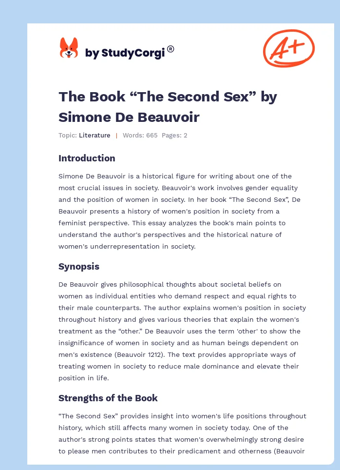 The Book “The Second Sex” by Simone De Beauvoir. Page 1