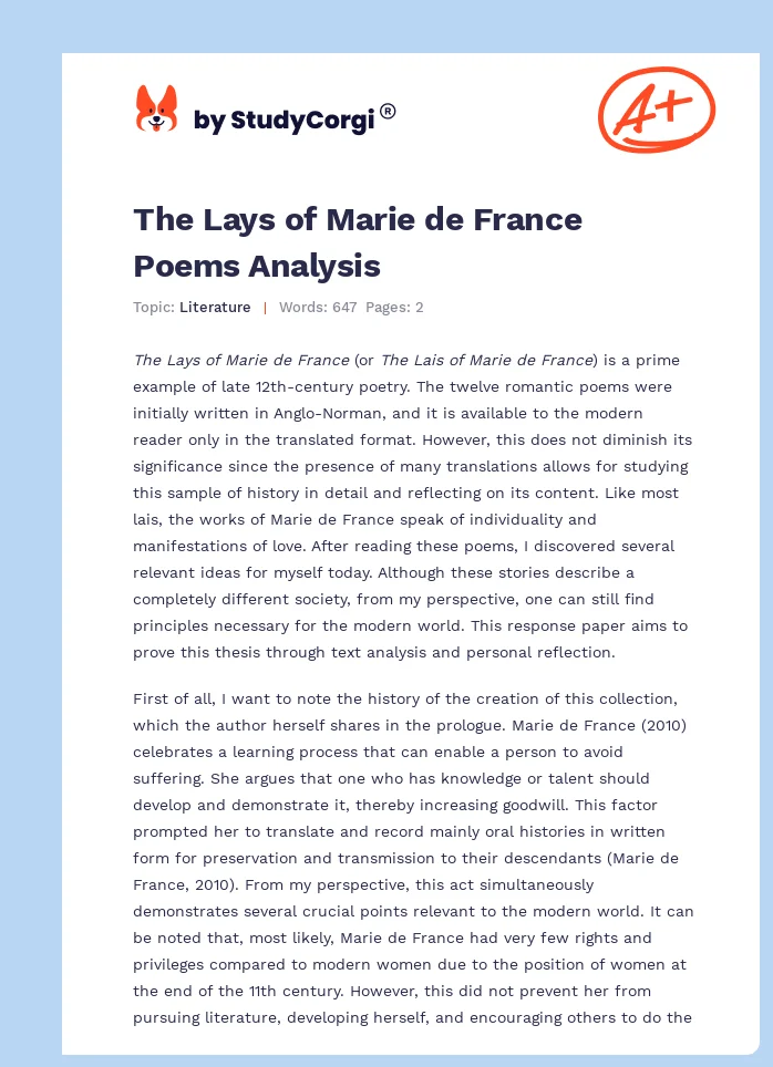 The Lays of Marie de France Poems Analysis. Page 1