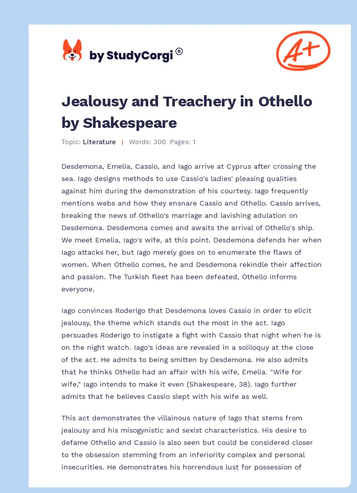 Jealousy and Treachery in Othello by Shakespeare. Page 1