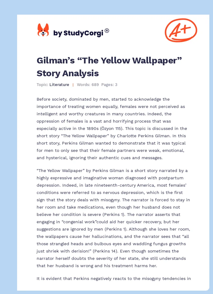 Gilman’s “The Yellow Wallpaper” Story Analysis. Page 1