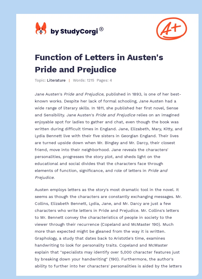 Function of Letters in Austen's Pride and Prejudice. Page 1