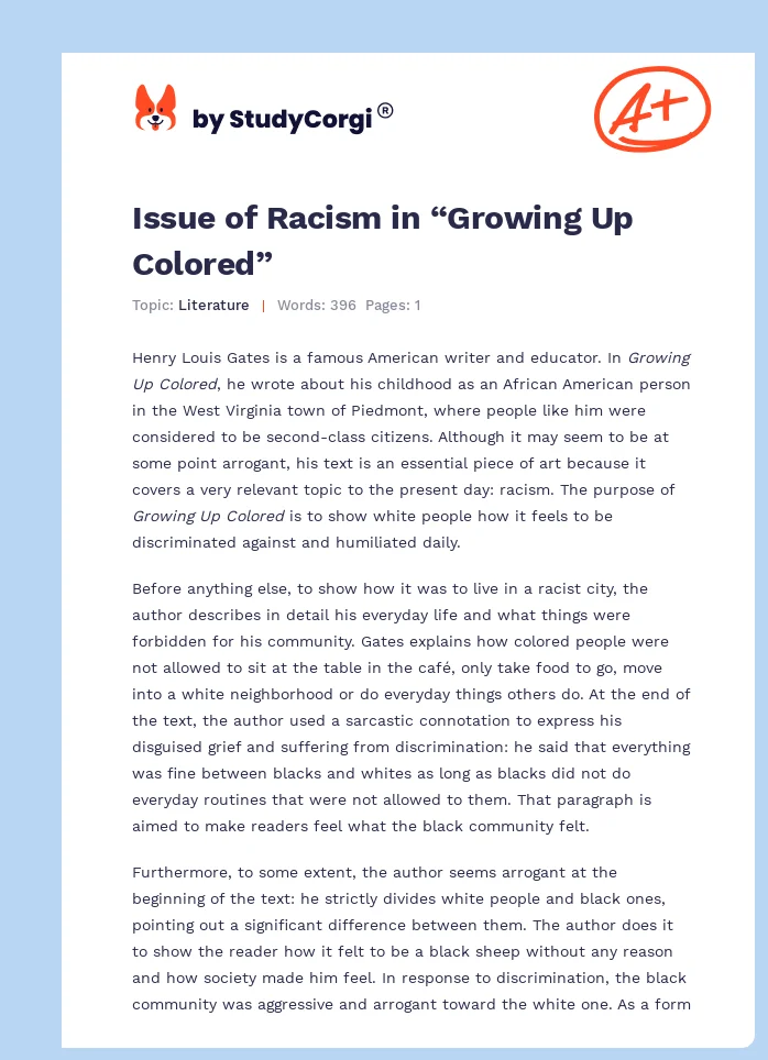 Issue of Racism in “Growing Up Colored”. Page 1