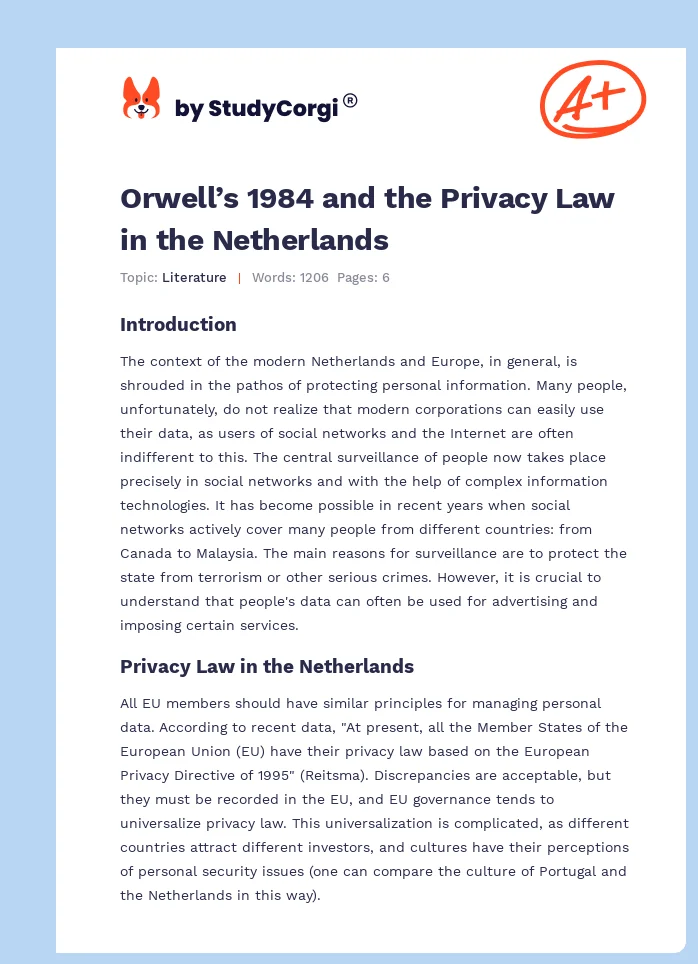 Orwell’s 1984 and the Privacy Law in the Netherlands. Page 1