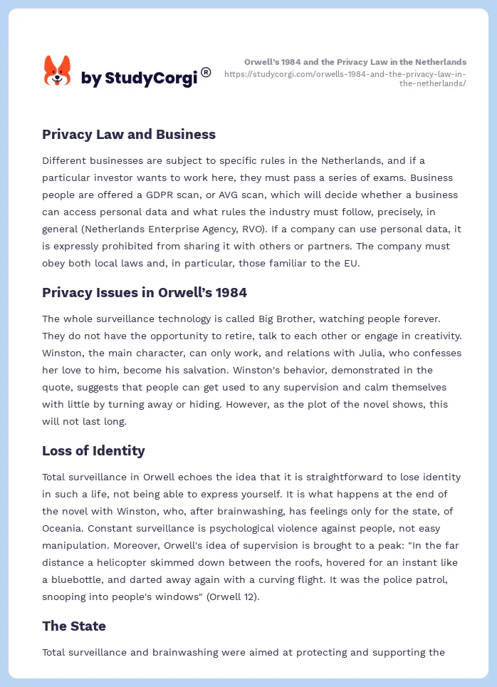 Orwell’s 1984 and the Privacy Law in the Netherlands. Page 2