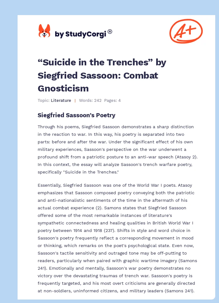 “Suicide in the Trenches” by Siegfried Sassoon: Combat Gnosticism. Page 1