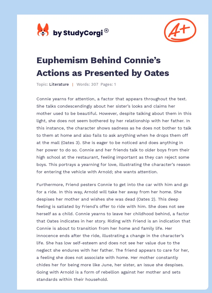 Euphemism Behind Connie’s Actions as Presented by Oates. Page 1